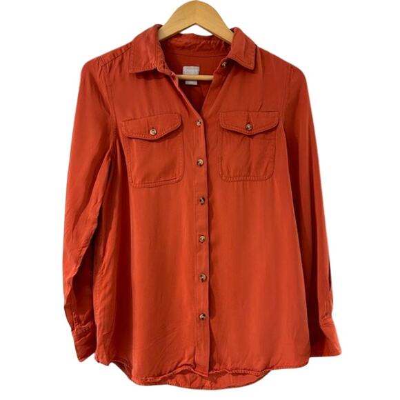 CHICO'S Rust Coral 100% Modal SOFT Classic Button Long Sleeve Blouse Size 0 4/6 - Picture 1 of 9